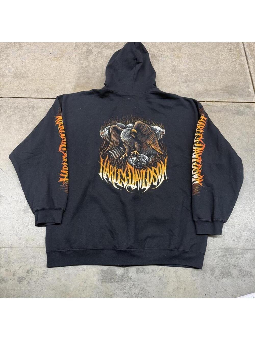vintage harley davidson black flame eagle zip up hoodie size xxl